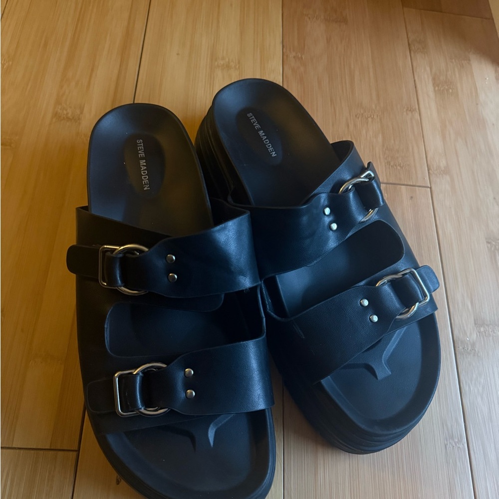 Steve Madden Black Double Buckle Slides